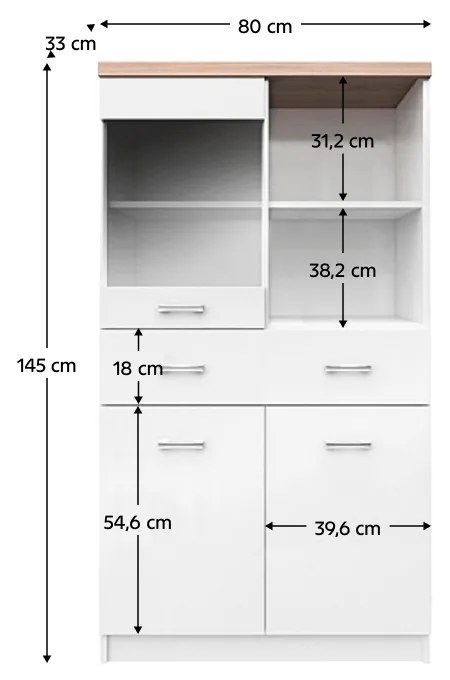Tempo Kondela Vitrína 2D1W1S/80, biela/dub sonoma, TOPTY Typ 02