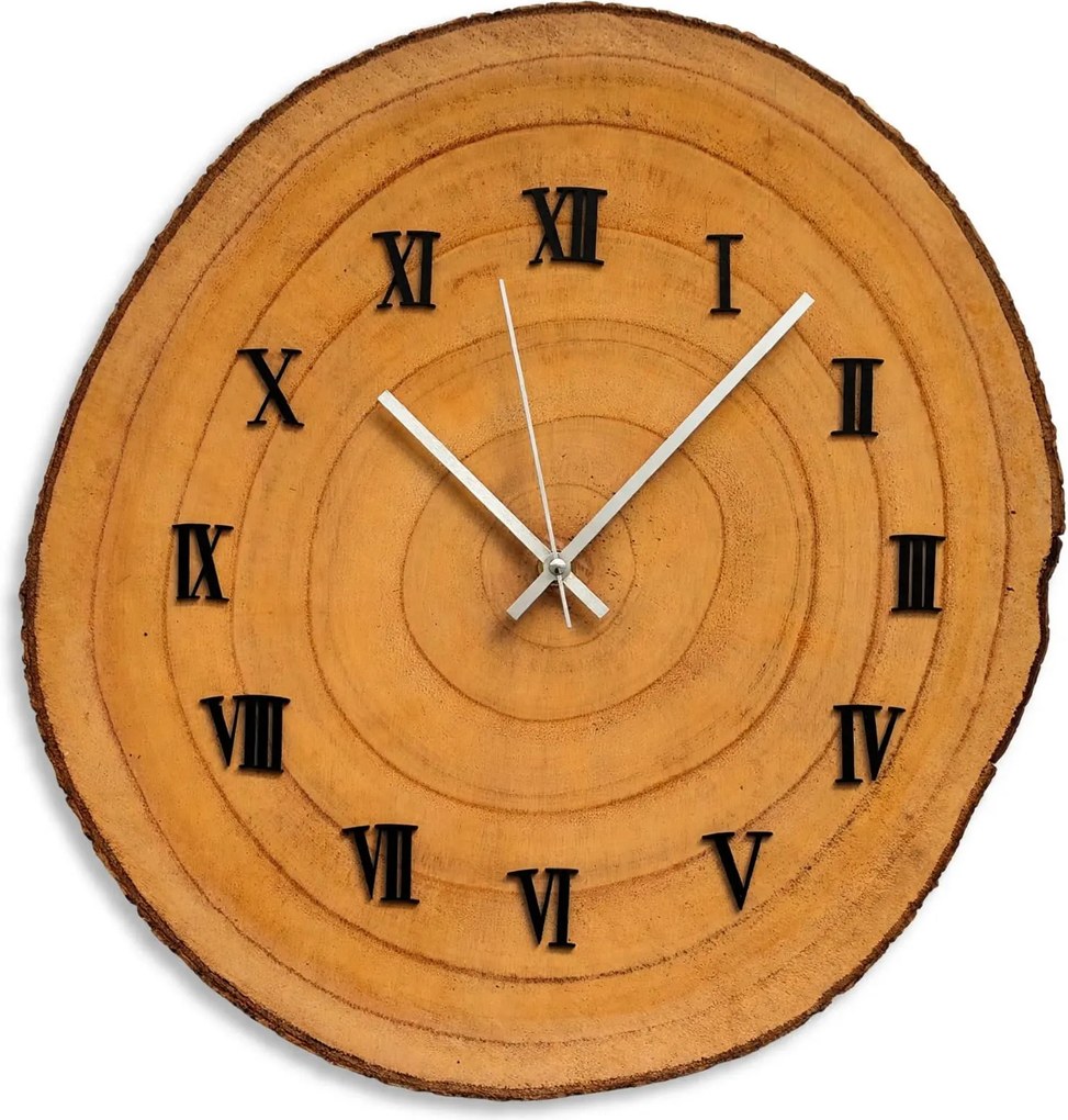 Drevené nástenné hodiny z plátu dreva s kôrou | KORRO: Amber - 3072 26-29 cm 4813-115575 KOR006-29-Amber