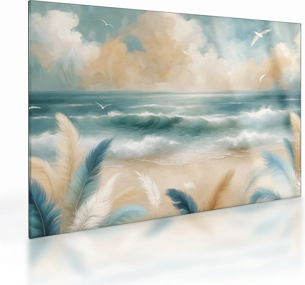 Sklenený obraz – Maľovaná pláž v jemných farbách (70x50 cm)
