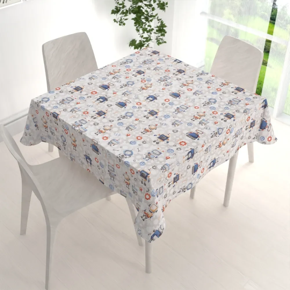 Biante Detský bavlnený štvorcový obrus Sandra SA-584 Svet robotov na sivo-bielom 150x150 cm