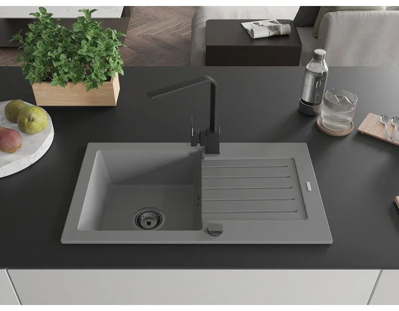 Mexen Pablo, granitový drez 752x436x161 mm, 1-komorový a čierna batéria Rita, šedá, 6510-71-670300-70-B