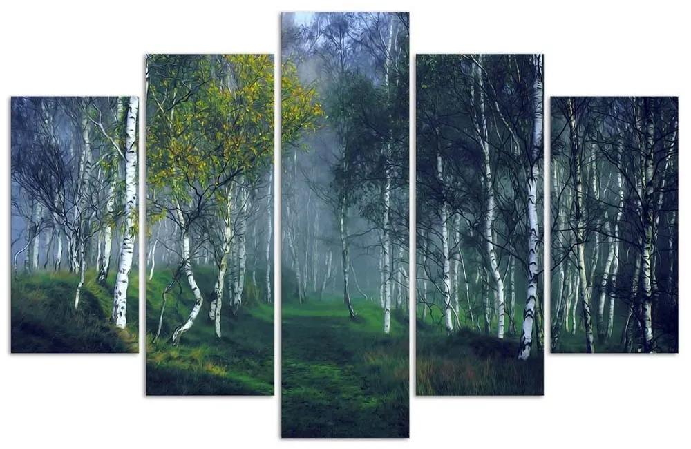 Obraz na plátně pětidílný Březový les v mlze Krajina - 200x100 cm