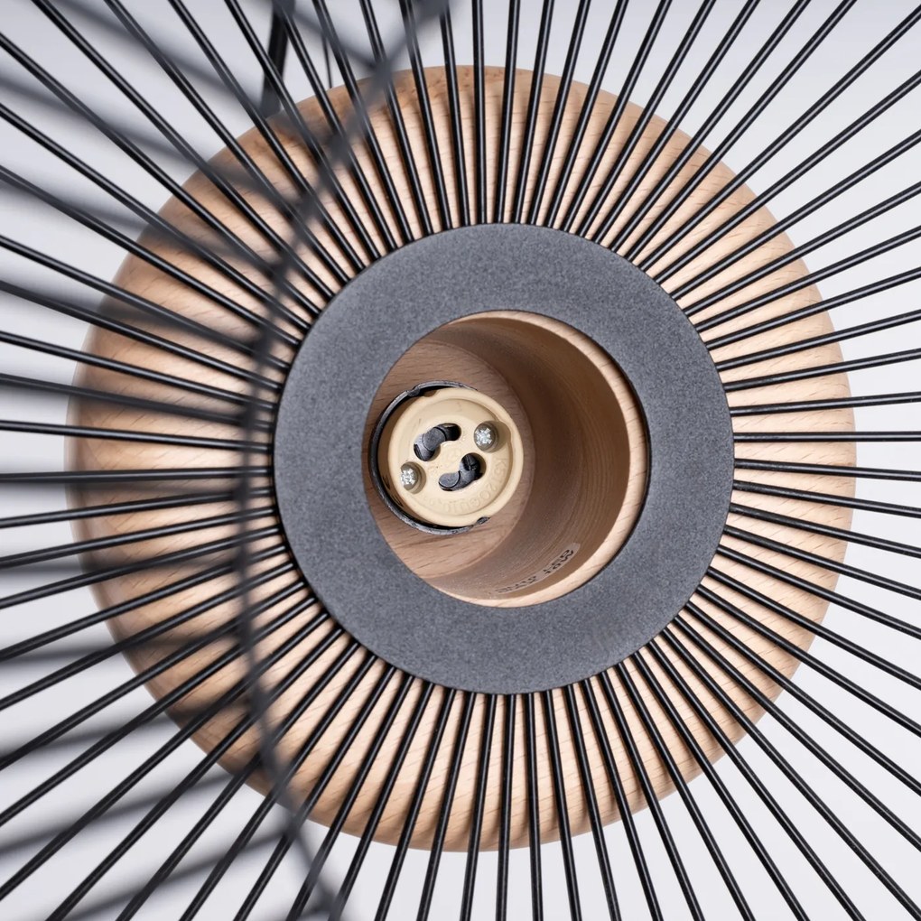 Závesné svietidlo Gabbia, 1x čierne drôtené tienidlo, drevo, (fi 35cm)