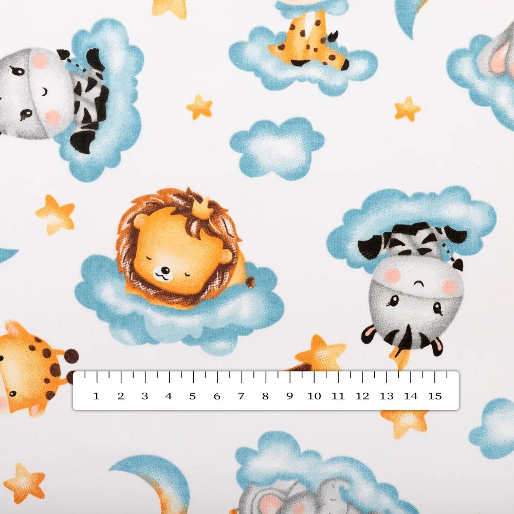 Biante Detský bavlnený behúň na stôl Sandra SA-693 Africké zvieratká na modrých obláčikoch na bielom 45x140 cm