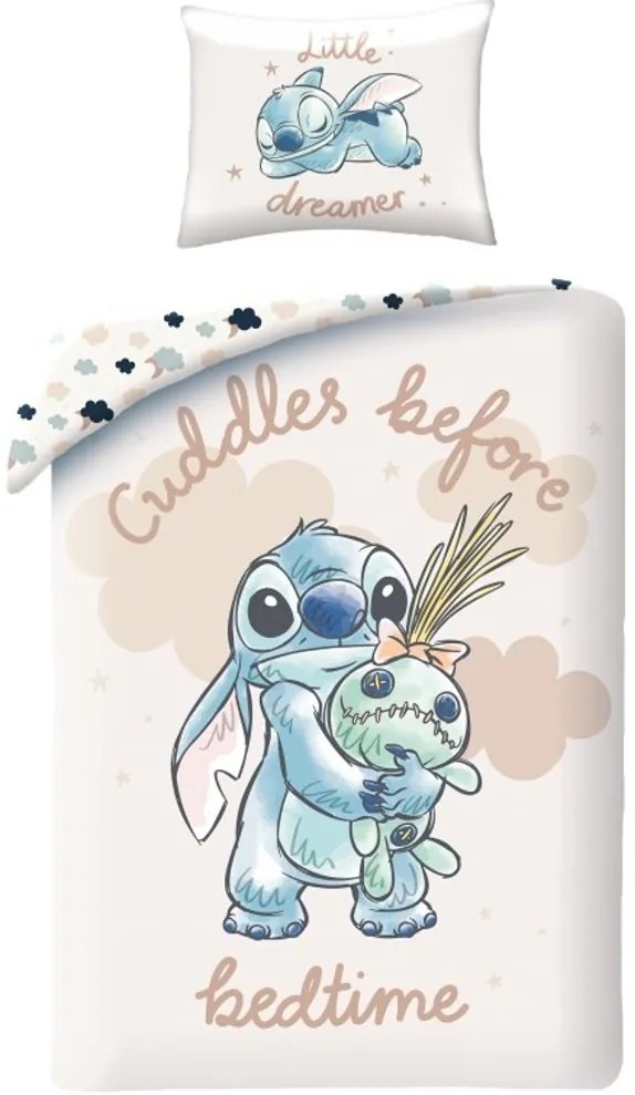 Bavlnené posteľné obliečky Stitch - motív Maznanie pred spaním - 100% bavlna - 70x90 cm + 140x200 cm