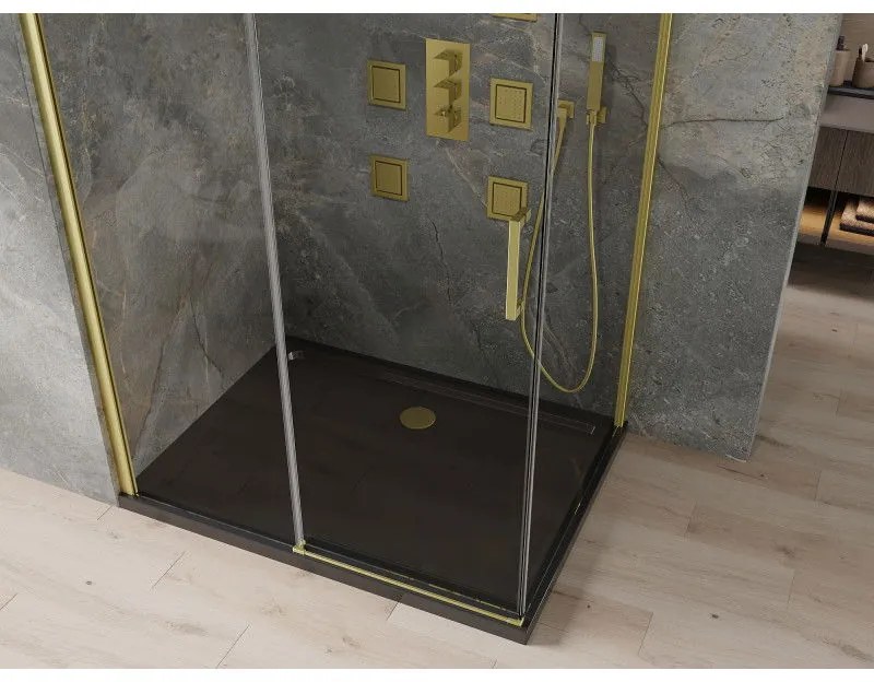 Mexen Omega, sprchový kút s posuvnými dverami 120 (dvere) x 90 (stena) cm, 8mm číre sklo, zlatý profil + slim sprchová vanička čierna + zlatý sifón, 825-120-090-50-00-4070G