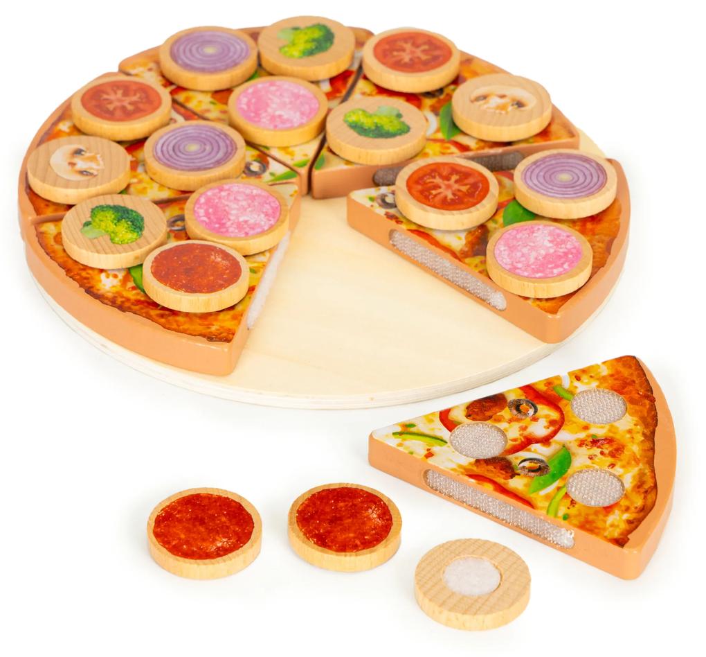 Drevená pizza na krájanie so suchým zipsom pre deti, 27 prvkov