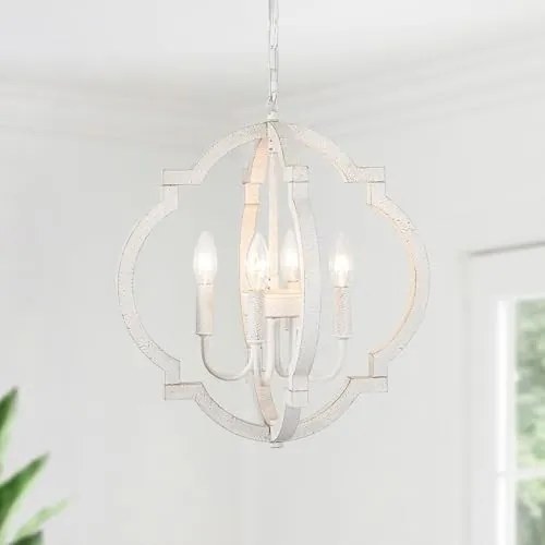 Rustikálna Francúzska Závesná Lampa, Biely Drevený Luster