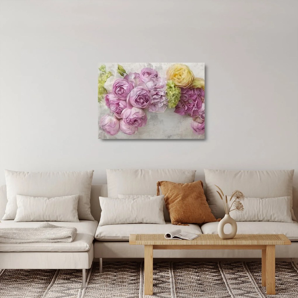 Sklenený obraz - Kvety na stene v pastelových farbách (70x50 cm)