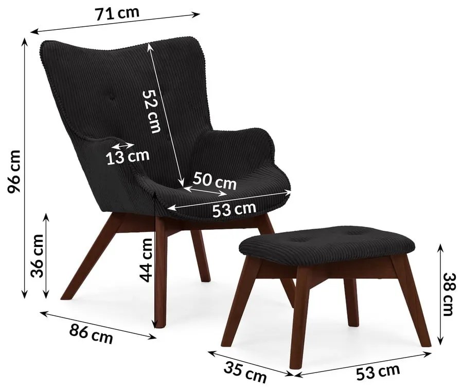Čierne menčestrové kreslo s podnožkou Niko – Ropez