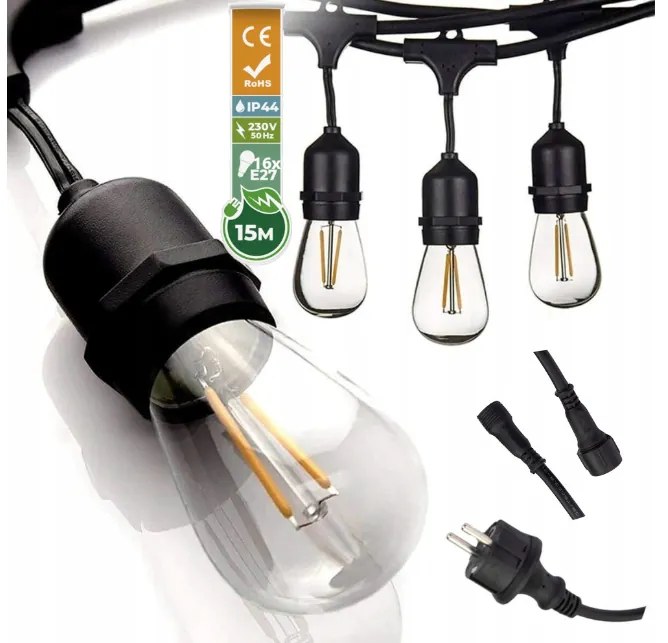 BERGE Záhradná girlanda 15m + 16x 1W LED žiarovka