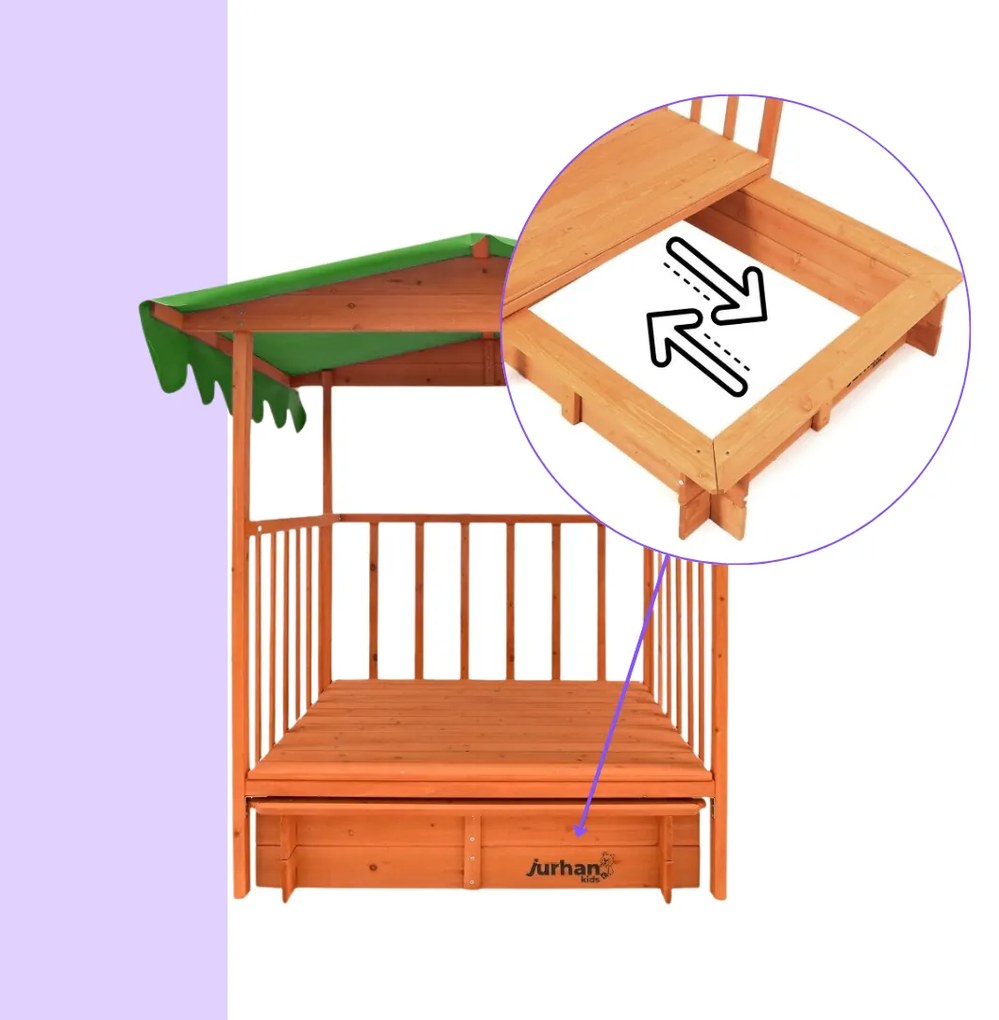 Pieskovisko s verandou HAPPY, 130x130x143cm, hnedá/zelená Jurhan