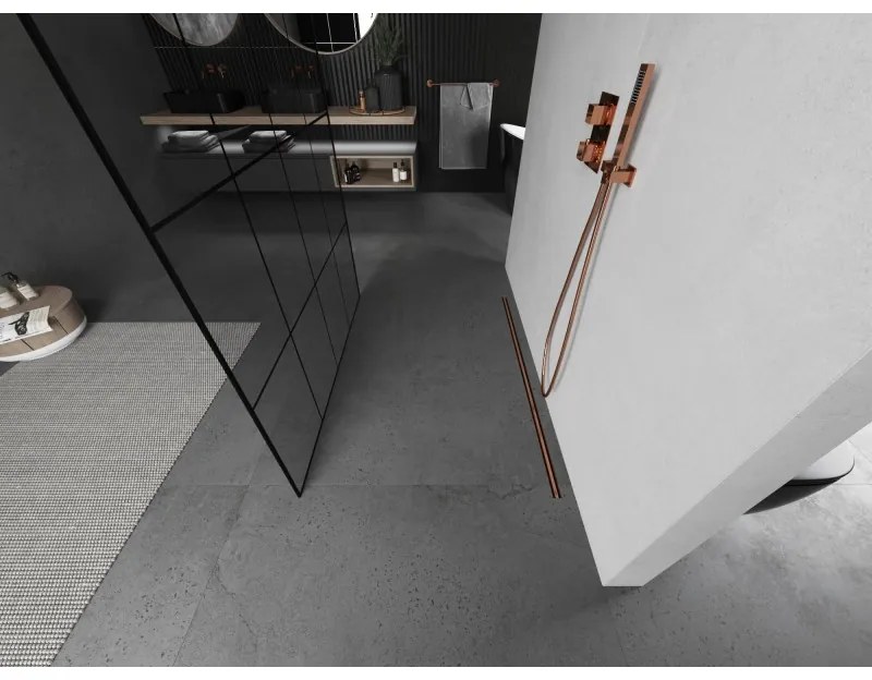 Mexen Kioto, sprchová zástena Walk-In 150 x 200 cm, 8mm sklo čierny vzor, medený matný profil, 800-150-002-65-77