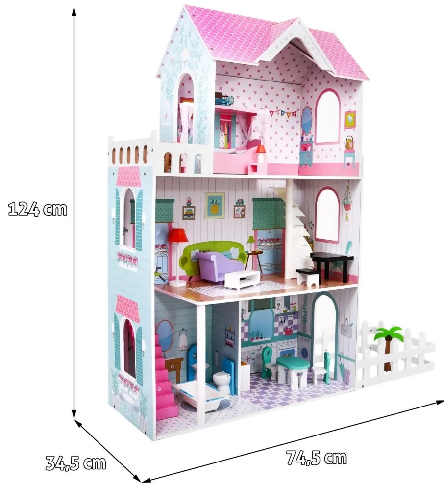 Veľký drevený domček pre bábiky ružovej farby pre deti od 3 rokov, doplnky, nábytok + 3 poschodia