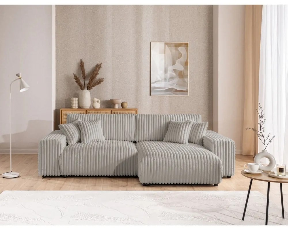 Svetlosivá menčestrová rozkladacia/s úložným priestorom rohová pohovka (pravý roh) Sarina – Ropez