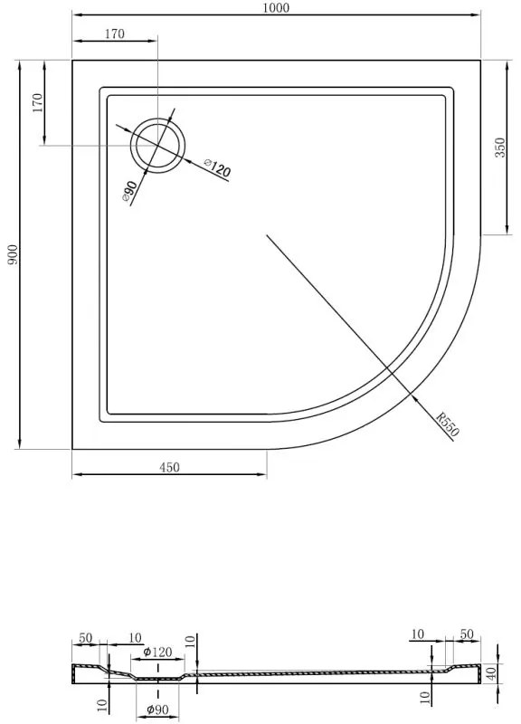 Mexen Flow, asymetrická štvrťkruhová sprchová vanička slim, ľavá 100 x 90 cm, biela lesklá, 46Q109010L