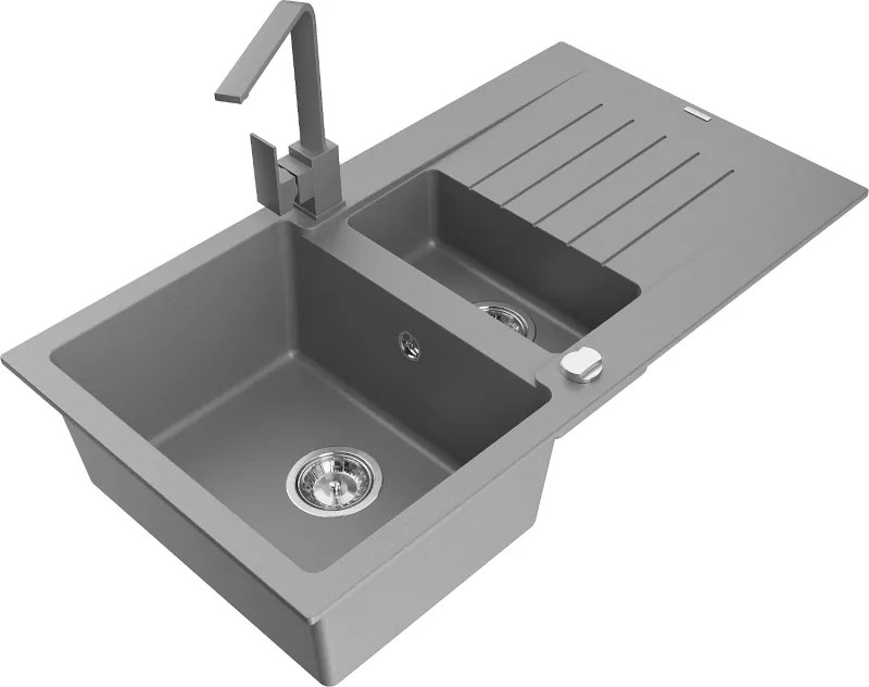 Mexen Matias, granitový drez 900x505x200 mm, 1,5-komorový a šedá batéria Rita, šedá, 6502-71-670300-71