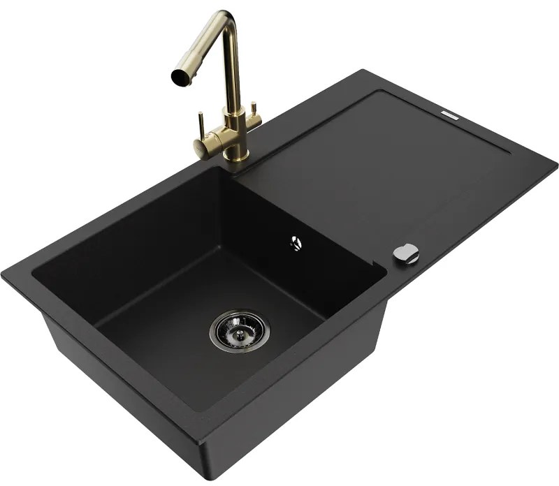 Mexen Leo, drez granitový 900x500x190 mm, 1-komorový a zlatá batéria Duero, čierna, 6501-77-671600-50-B
