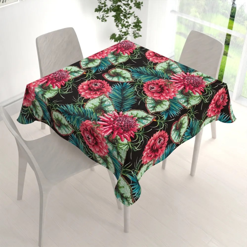 Biante Bavlnený štvorcový obrus Sandra SA-566 Veľké tropické kvety a listy na čiernom 70x70 cm