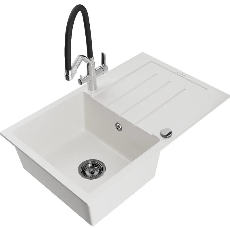 Mexen Bruno, 1-komorový granitový drez 795x495x200 mm a drezová batéria Duo, biela, 6513-20-671701-07-B