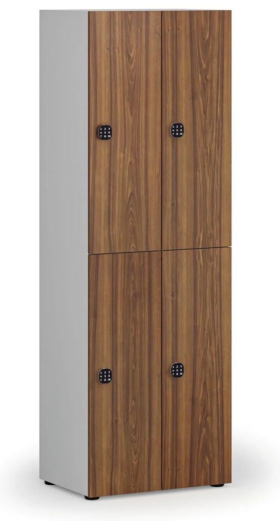 Drevená šatníková skrinka S4 s úložnými boxmi, 4 boxy, demont, kódový zámok, sivá/orech