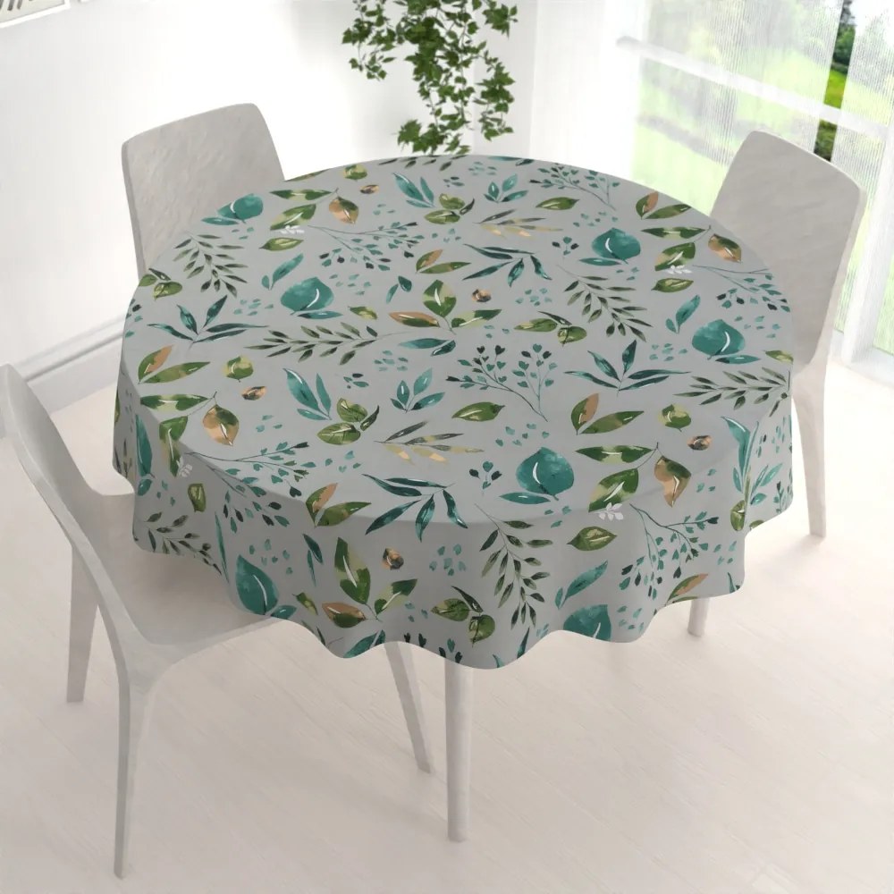 Biante Bavlnený okrúhly obrus Sandra SA-430 Modro-zelené listy na sivom Ø 70 cm