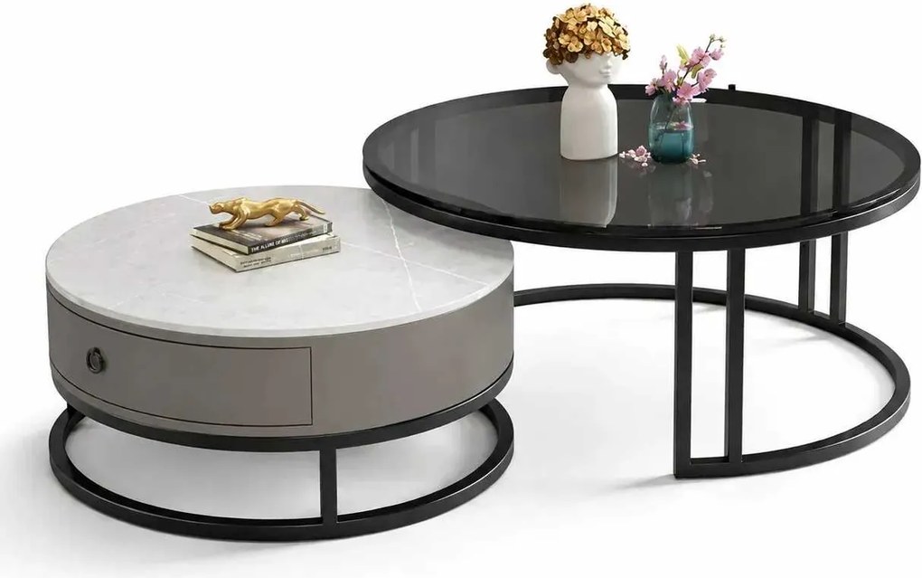 LuxuryForm DESIGN Konferenčný stolík AMARO 80 / 60 cm – sivý mramor / sklo (set 2 ks)