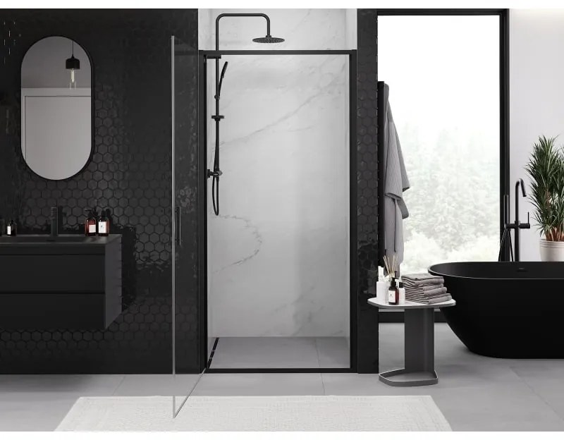 Mexen Exo, 1-krídlové dvere do otvoru 85x200 cm, 6mm číre sklo, čierny profil, 817-085-000-70-00