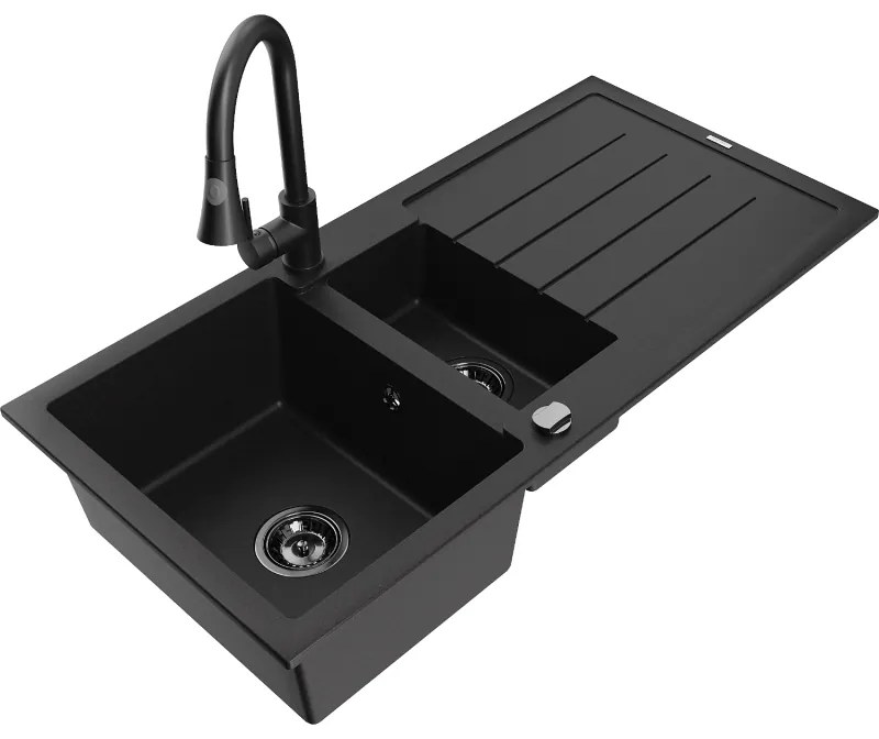Mexen Andres, 1,5-komorový granitový drez 1000x500x200 mm a drezová batéria Elia, čierna, 6515-77-670101-70-B