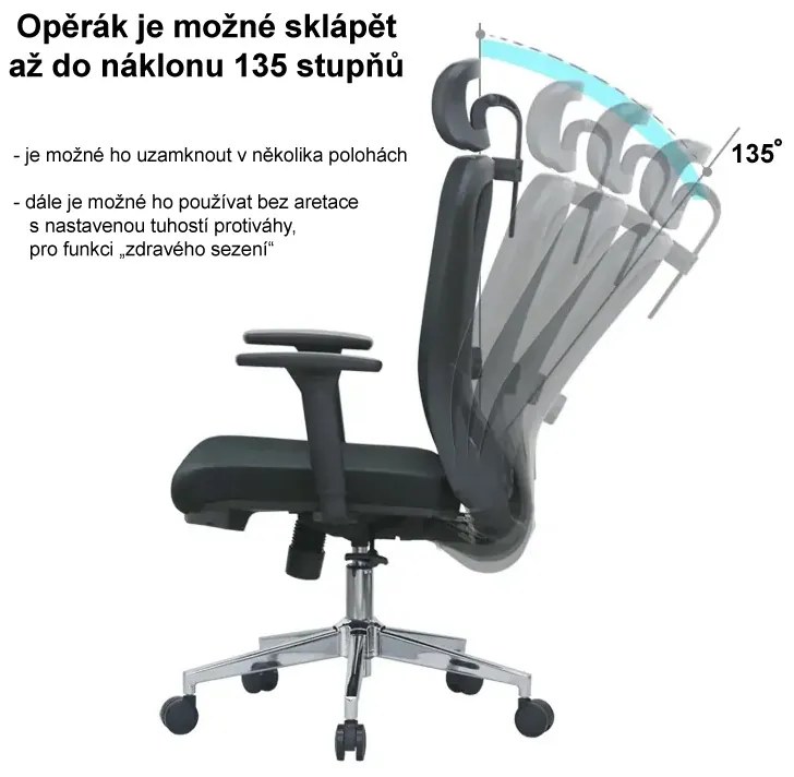 Kancelárska ergonomická stolička Neoseat BOROSI — sieť / látka, čierna, nosnosť 150 kg