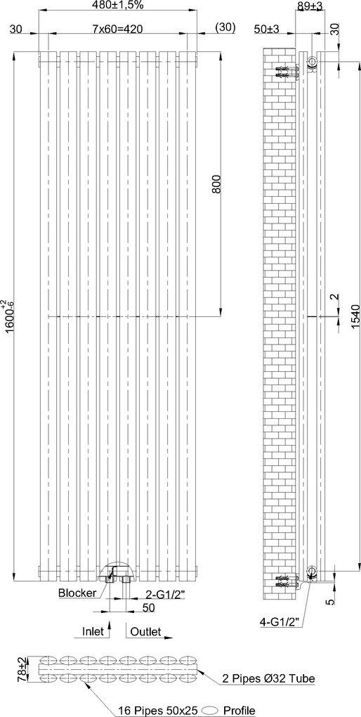 Invena Duo, vykurovacie teleso 1600x480, 1161W, pripojenie stredové alebo bočné, čierna matná, INV-UG-20-C16-A