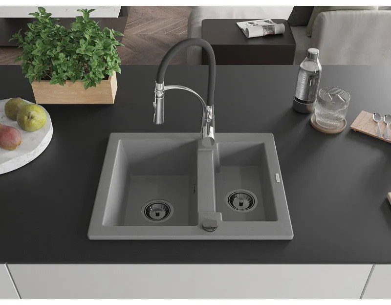 Mexen Carlos, 1,5-komorový granitový drez 582x475x177 mm a drezová batéria Aster, šedá, 6518-71-73450-07-B