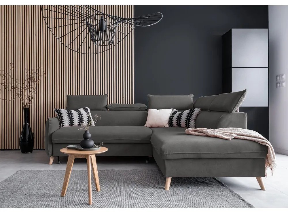 Tmavosivá zamatová rozkladacia rohová pohovka (pravý roh) Sweet Harmony – Miuform