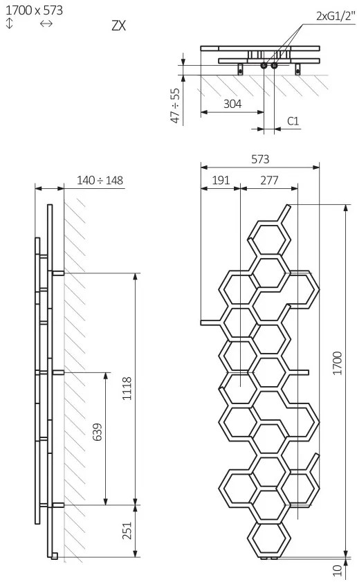 Terma Hex 1700x573 vodný radiátor Soft 3028 ZX
