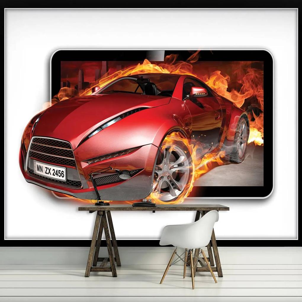 Fototapeta - Červené auto v ohni (152,5x104 cm)