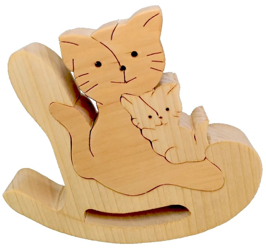AMADEA Drevené puzzle hojdacia mačka, masívne drevo dvoch druhov drevín, 14x11,5x3 cm