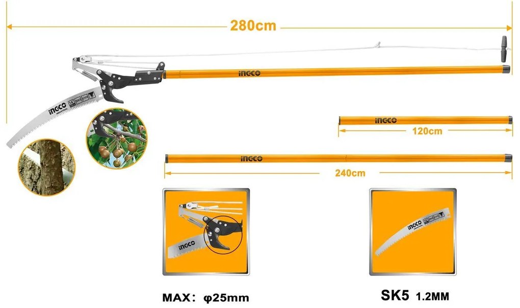 Nožnice záhradné s pílkou + telesk. násada 240cm INGCO KLC