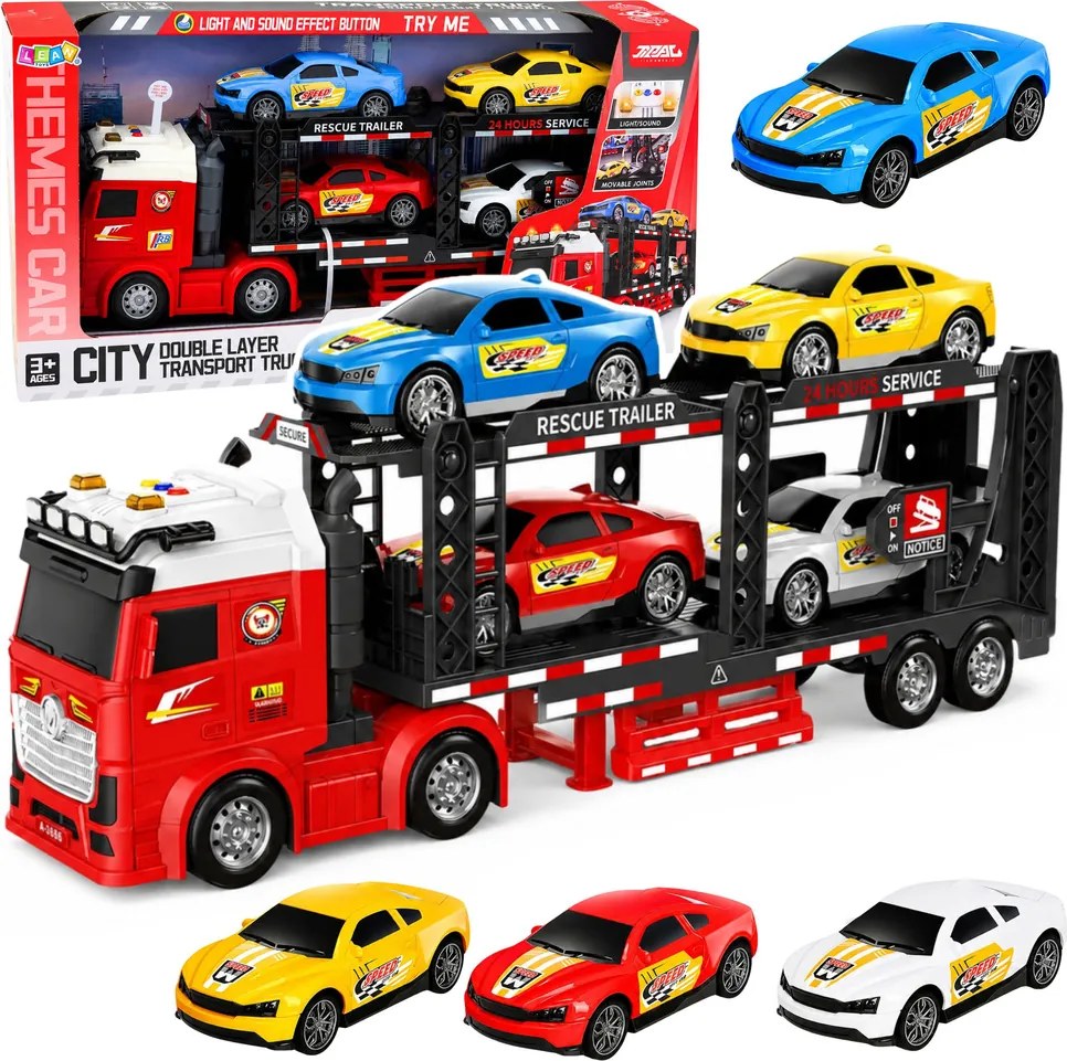 LEAN Toys Nákladné auto Lora Transporter s odťahovkou pre 4 autá, svetlá a zvuky
