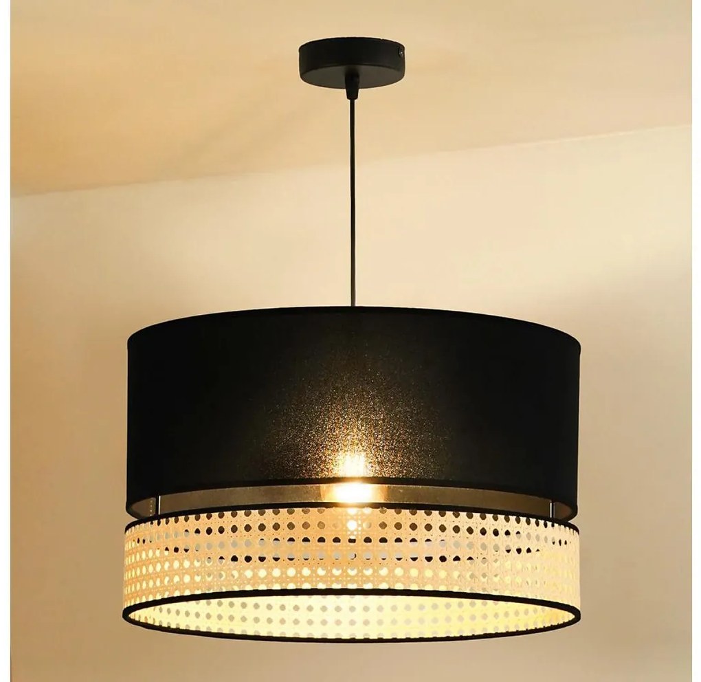 Duolla - Luster na lanku DOUBLE RATTAN 1xE27/15W/230V pr. 40 cm čierna/béžová