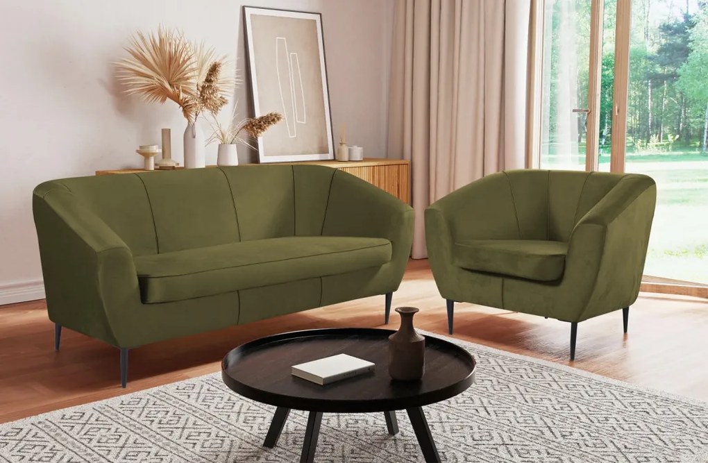 Trojmiestna pohovka Olivio, machovo zelená zamatová tkanina