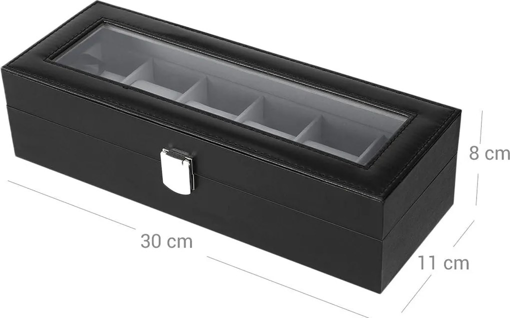Box na hodinky so skleneným vekom, so 6 priehradkami, čierny