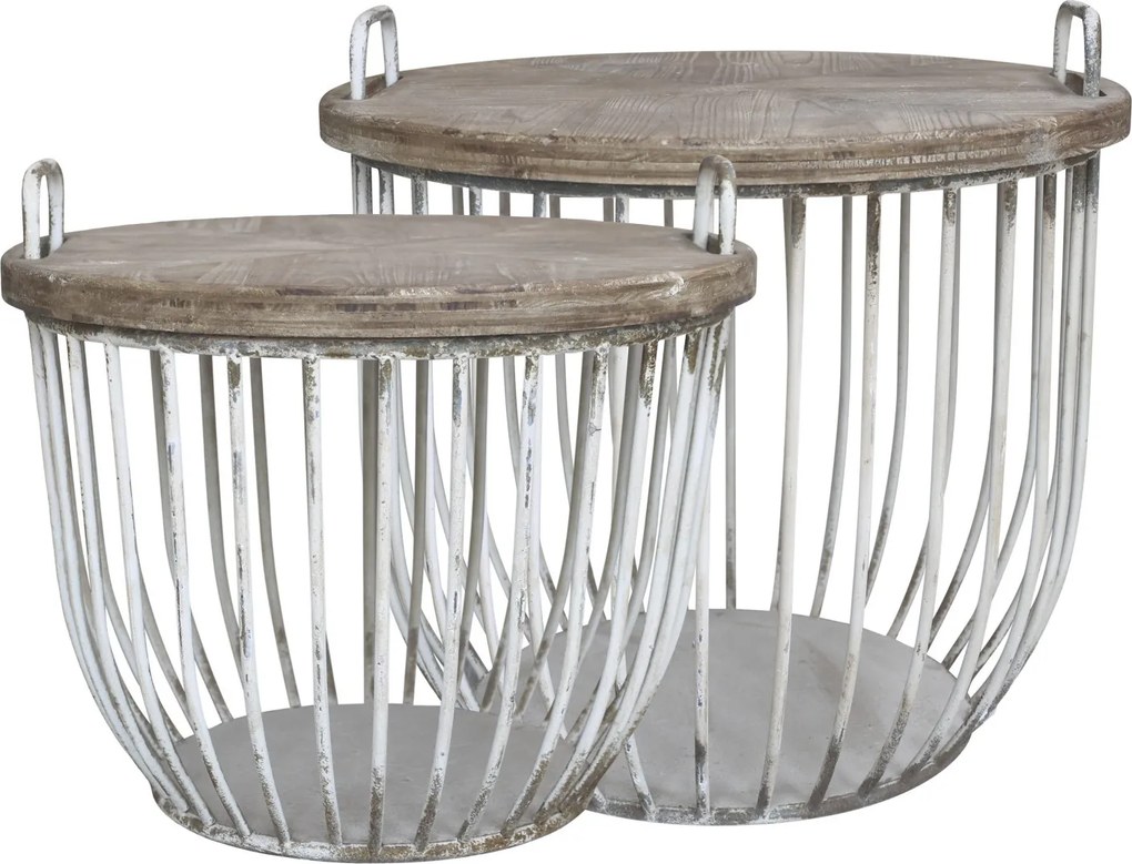 2ks krémový antik kovový coffee stolík s drevenou doskou Charlotte - Ø57*48 cm