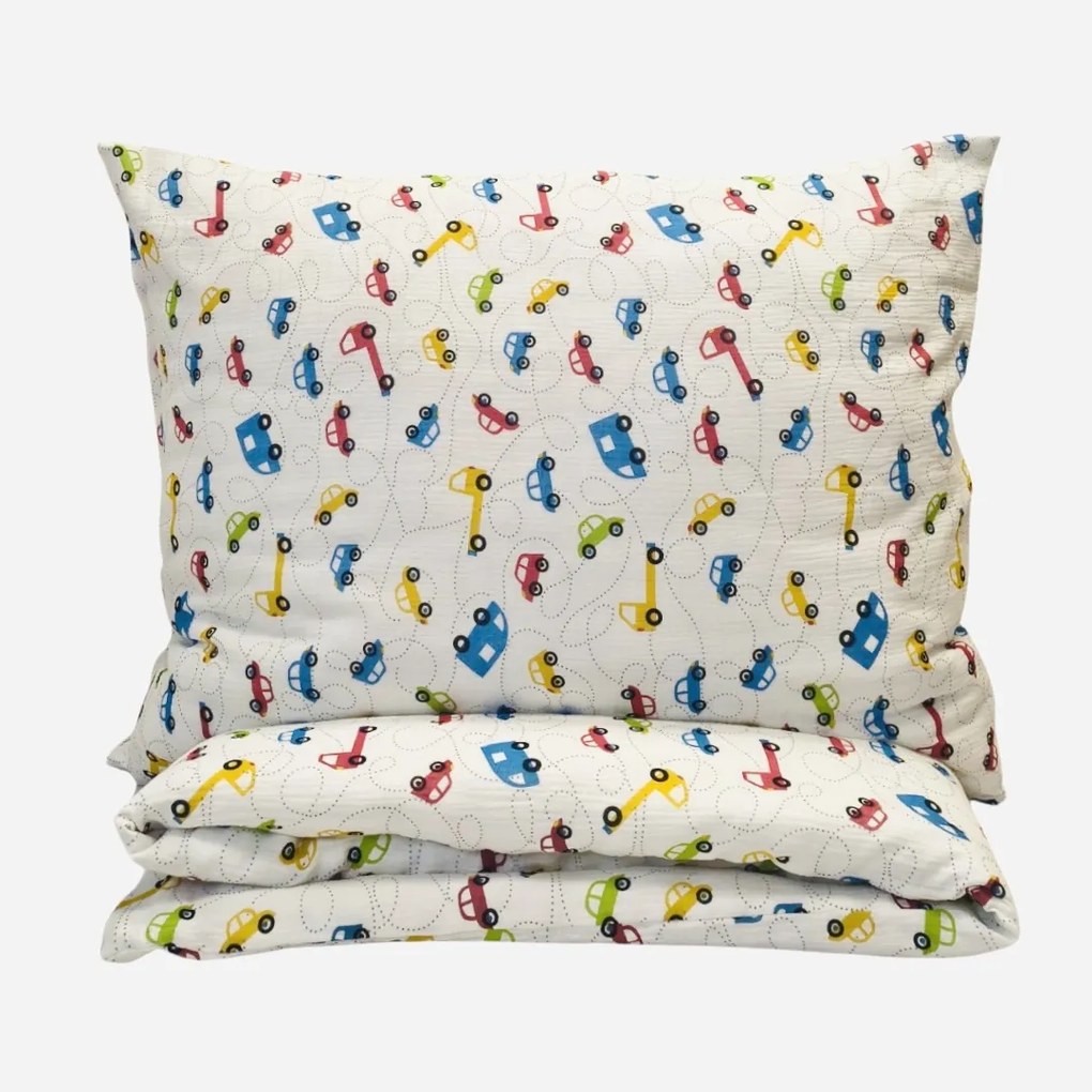 Mušelínové obliečky Autíčko TiaHome - 1x Vankúš 90x70cm, 1x Paplón 140x200cm