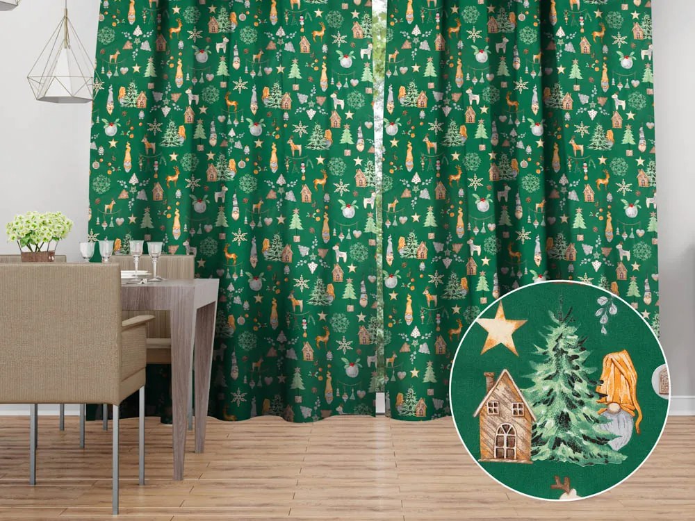 Biante Vianočný bavlnený záves Sandra SA-508 Vianoční škriatkovia a ozdoby na zelenom 150x220 cm