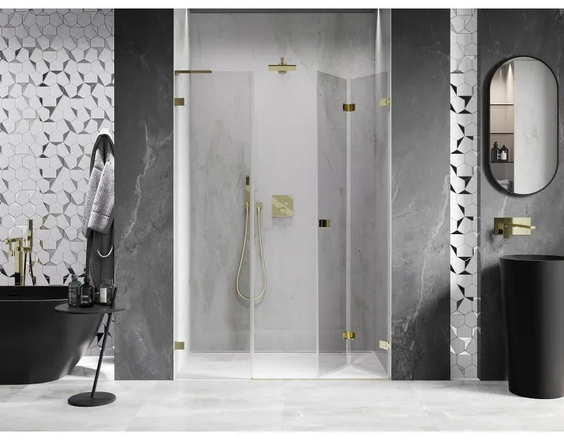 Mexen Lunar-F, L pravé skladacie sprchové dvere 110 cm, číre sklo, zlatý profil, 836SL-110-050-50-00-P
