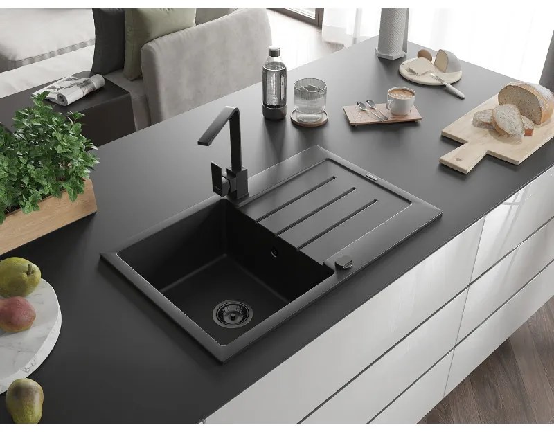 Mexen Bruno, drez granitový 795x495x200 mm, 1-komorový, čierna s čiernym sifónom a čierna drezová batéria Rita, 6513-77-670300-70-B