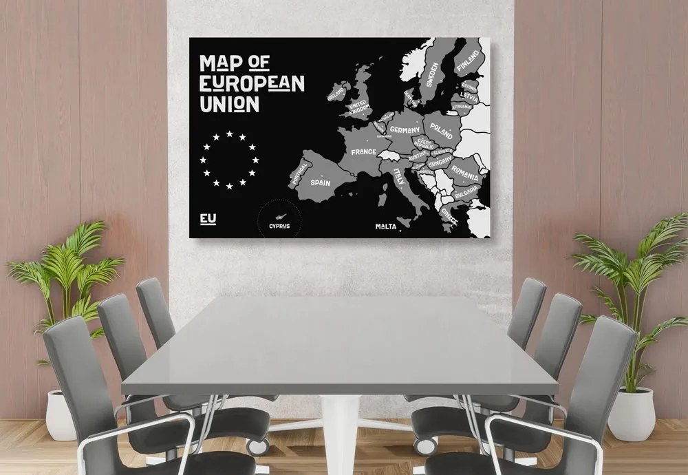 Obraz náučná mapa s názvami krajín európskej únie v čiernobielom prevedení Varianta: 120x80