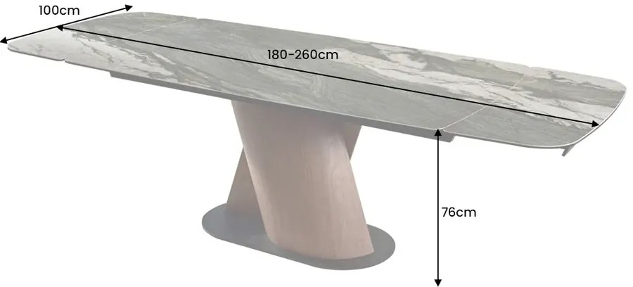 Jedálenský stôl ELEMENTS 180-260 cm rozkladací orechový rám s keramickou doskou, taupe sivý mramorový vzhľad