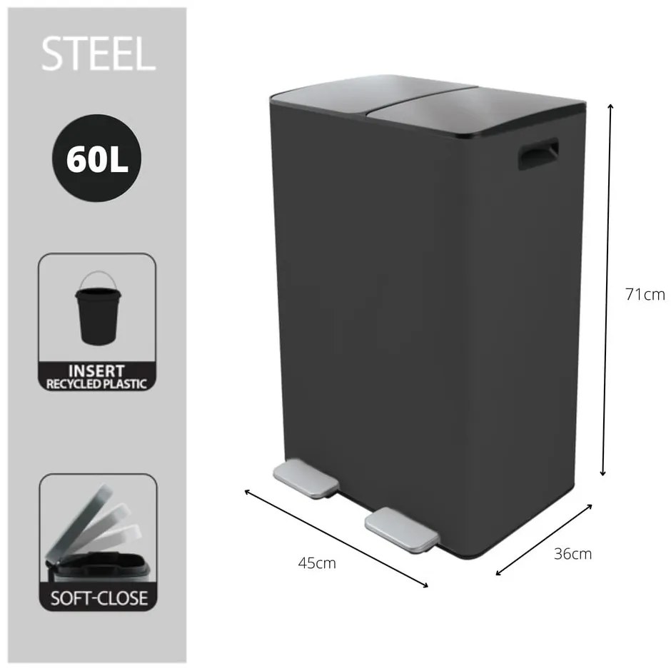 Tmavosivý oceľový odpadkový kôš 2x30 l na triedený odpad/nášľapný Aliya – Spirella