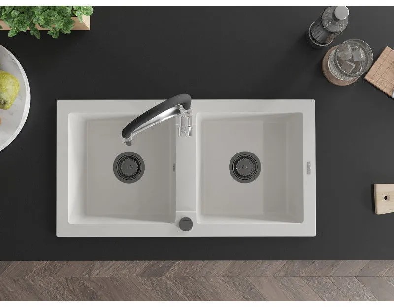 Mexen Mario, granitový drez 820x436x161 mm, 2-komorový a drezová batéria Aster, biela, 6504-20-73450-07-B